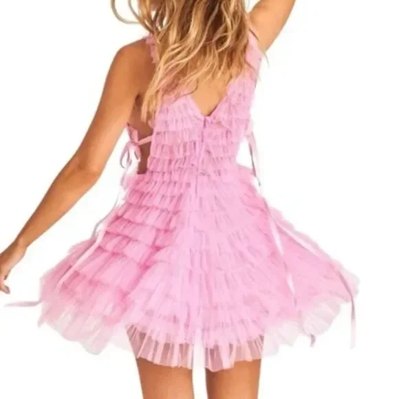 LoveShackFancy Pink Sleeveless v-Neckline Minya Mini Dress Size 4 - Picture 2 of 12